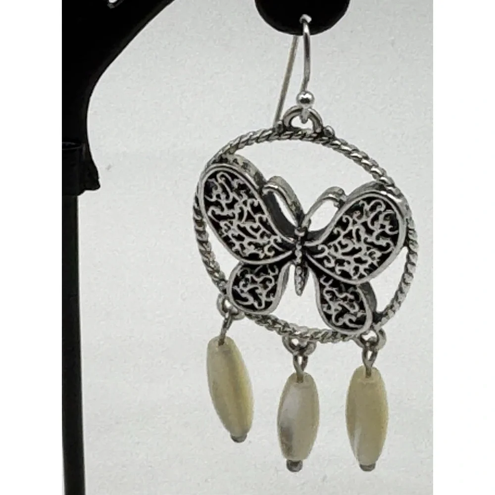 Vintage Butterfly‎ Silver And Mother of Pearl Earrings